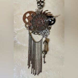 Handmade Steampunk Necklace with Gears, Clocks, and Keys – Vintage-Inspired